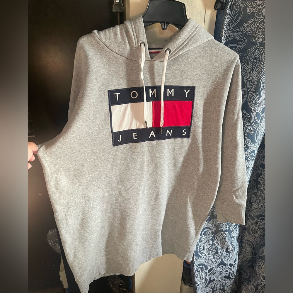 Tommy Hilfiger Hoodie Spellout Pullover  Lightweight Medium Gray